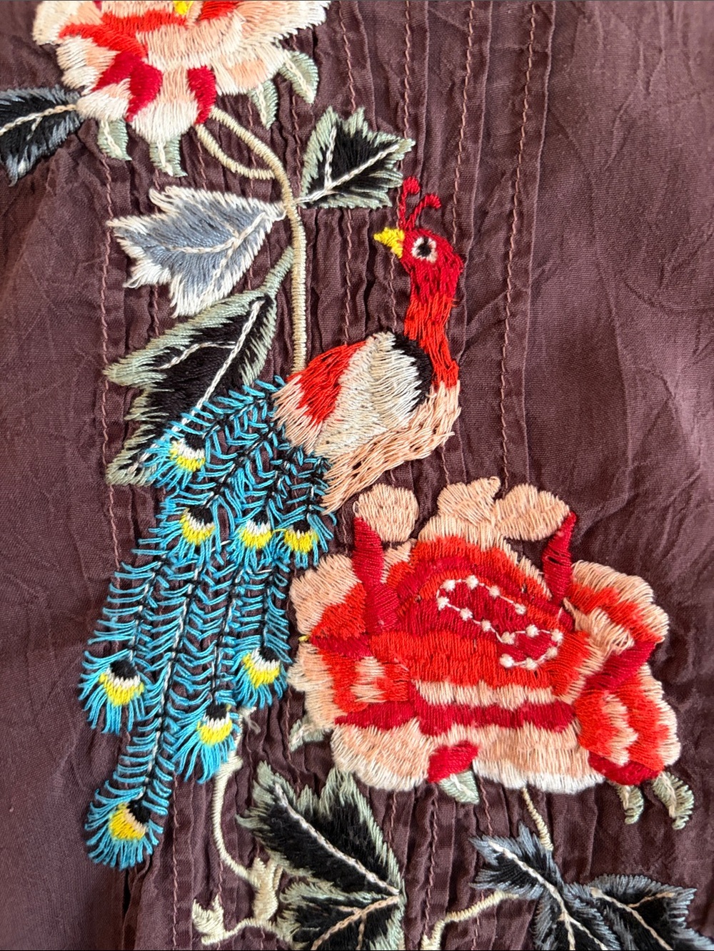 Johnny Was Plum Embroidered V-Neck Tunic Top with Red Floral Accents - Picture 9 of 11